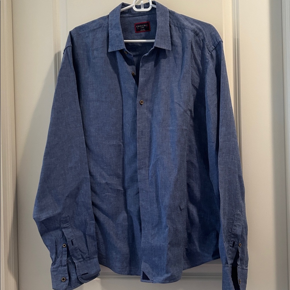 UNTUCKit 100%Linen men Blue Casual Business Button down Shirt long sleeve size L